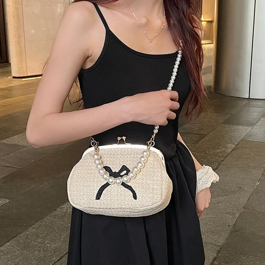 Summer Straw Beach Bag Women Bow Shoulder Bags Fashion Pearl Chain Clutch Handbag Purses Luxury Hand Bag Crossbody Bag for Women - EUFASHIONBAGS