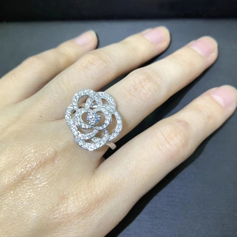 Aesthetic Flower Rings Women for Wedding Anniversary Party Hollow Design Full Shiny CZ Temperament Elegant Lady's Jewelry - EUFASHIONBAGS