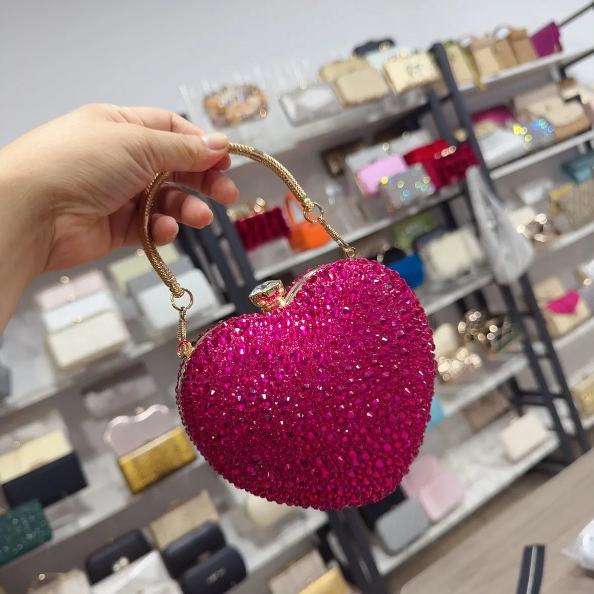 Luxury Diamond Inlay Heart Shape Crystal Clutch Purse Stones Evening Wedding Party Shoulder Bag Handle Rhinestone Mini Handbags