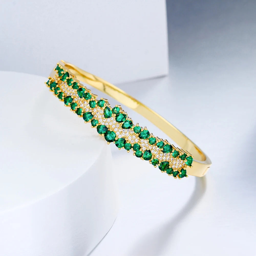 Fancy Green Cubic Zirconia Pave Brazilian Gold Plated Wedding Engagement Bangle for Women Luxury CZ Jewelry