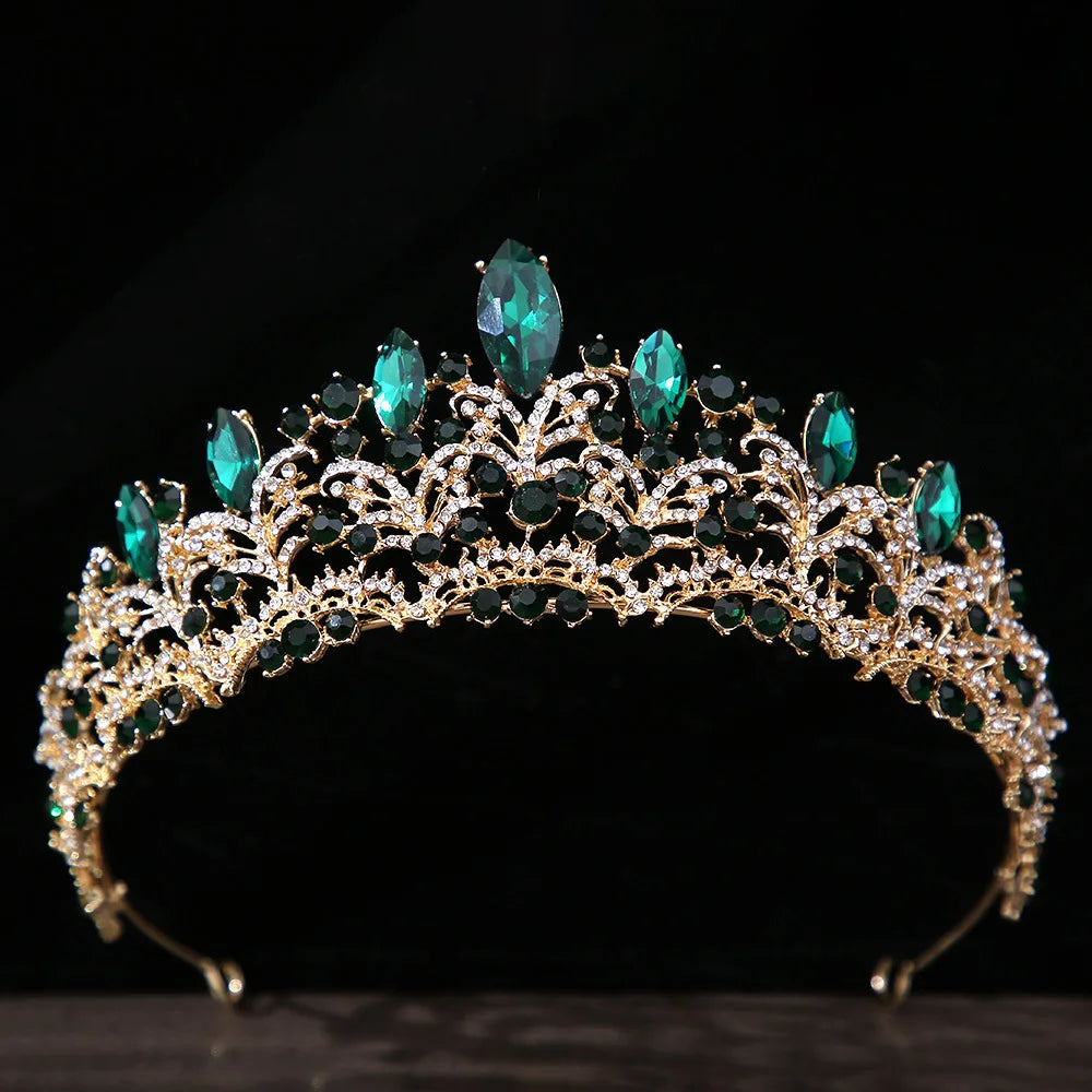 Luxury Green Color Crystal Wedding Crown Bridal Hair Accessories Women Baroque Crown Rhinestones Tiaras Bride Queen Party Crowns - EUFASHIONBAGS