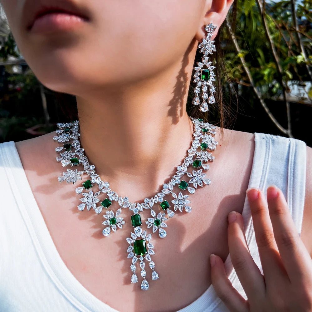 Luxury Dangle Tassel Drop Cubic Zirconia Green Wedding Decor Party Big Necklace Bridal Jewelry Sets for Women - EUFASHIONBAGS