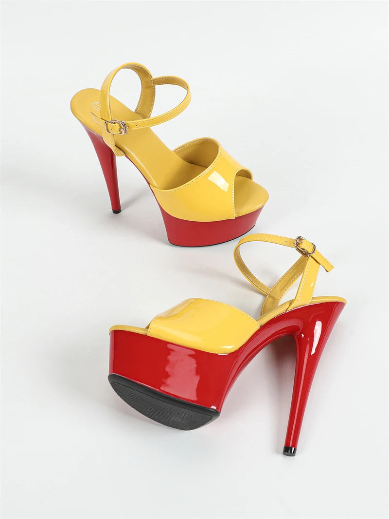 2025 New Yellow Red Women Fashion Buckle Strap Platform Sandals Runway Sexy Peep Toe Super High Heels Wedding Prom Shoes - EUFASHIONBAGS