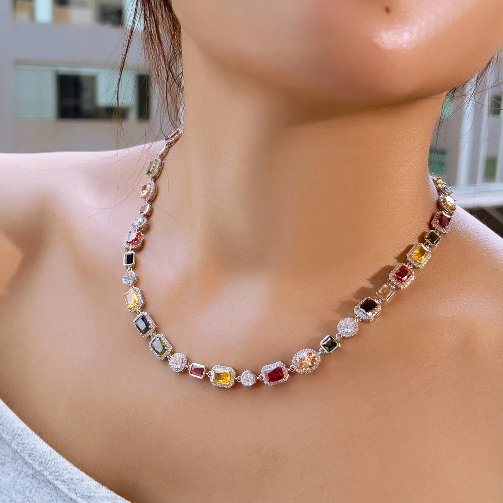 Vibrant Multi Color Cubic Zirconia Irregular Chain Necklace for Women Daily Party Engagement Jewelry Accessory - EUFASHIONBAGS