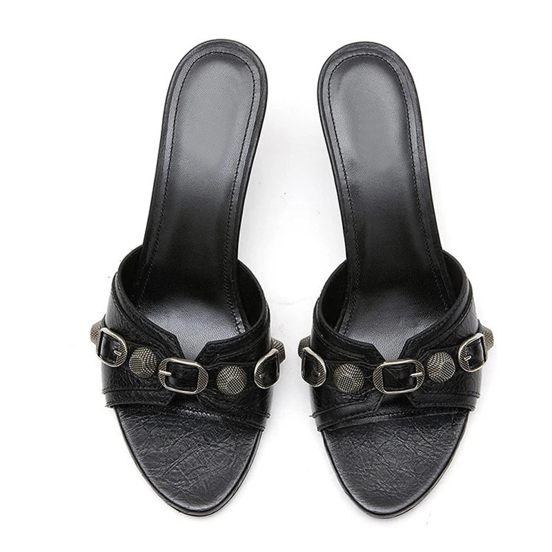 Fashion Design Rivet Buckle Women Slippers Sandals Open Toe Low Thin Heels Mules Slides Summer Outdoors Party Dress Shoes