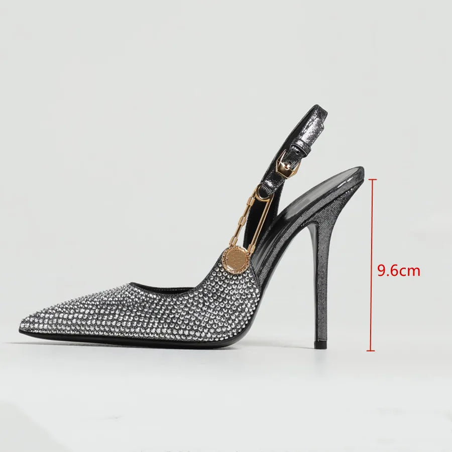 Luxury Rhinestones Sequined Buckle Women Pumps Elegant Pointed toe Slingbacks Stiletto High heels Spring Summer Fashion Shoes - EUFASHIONBAGS