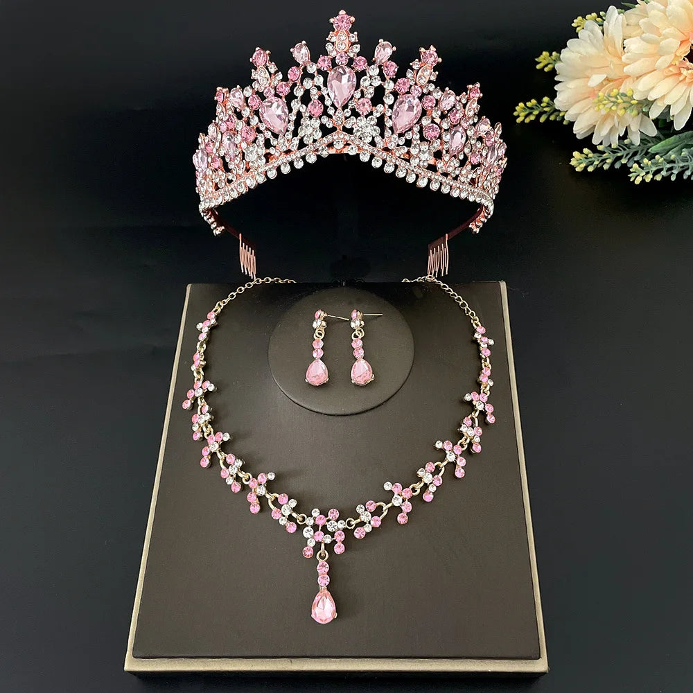 Gold Color Pink Crystal Bridal Jewelry Sets for Women Fashion Tiaras Earrings Necklace Crown Wedding Dubai Jewelry Set - EUFASHIONBAGS