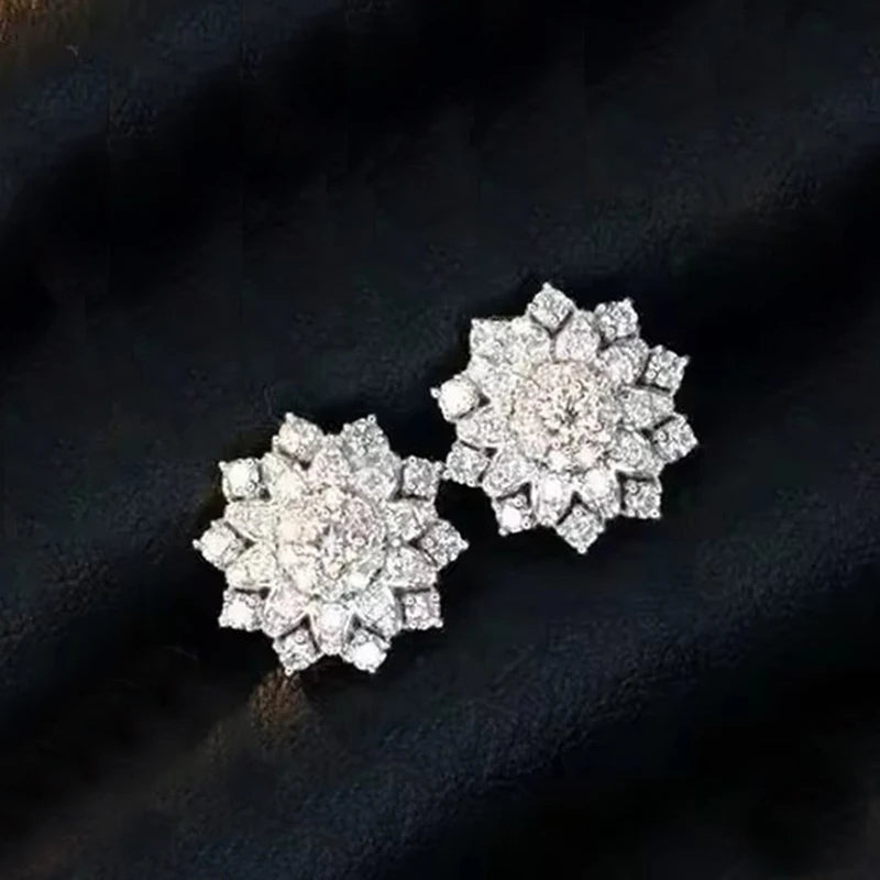 Lady Flower Stud Earrings with Shiny Zirconia Delicate Silver Color Accessories for Engagement Aesthetic Jewelry