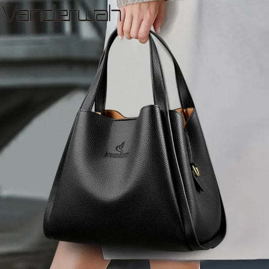 Genuine Leather Top-Handle Bag Women - Soft Crossbody Tote with 3 Layers, Shoulder Messenger Purse