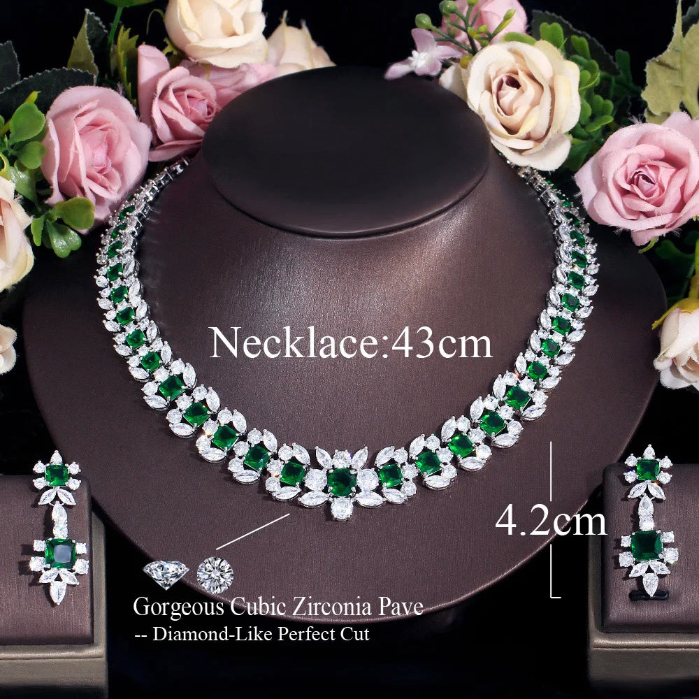 Luxurious Green Cubic Zirconia Big Women Wedding Event Costume Necklace Earrings Jewelry Sets for Brides - EUFASHIONBAGS