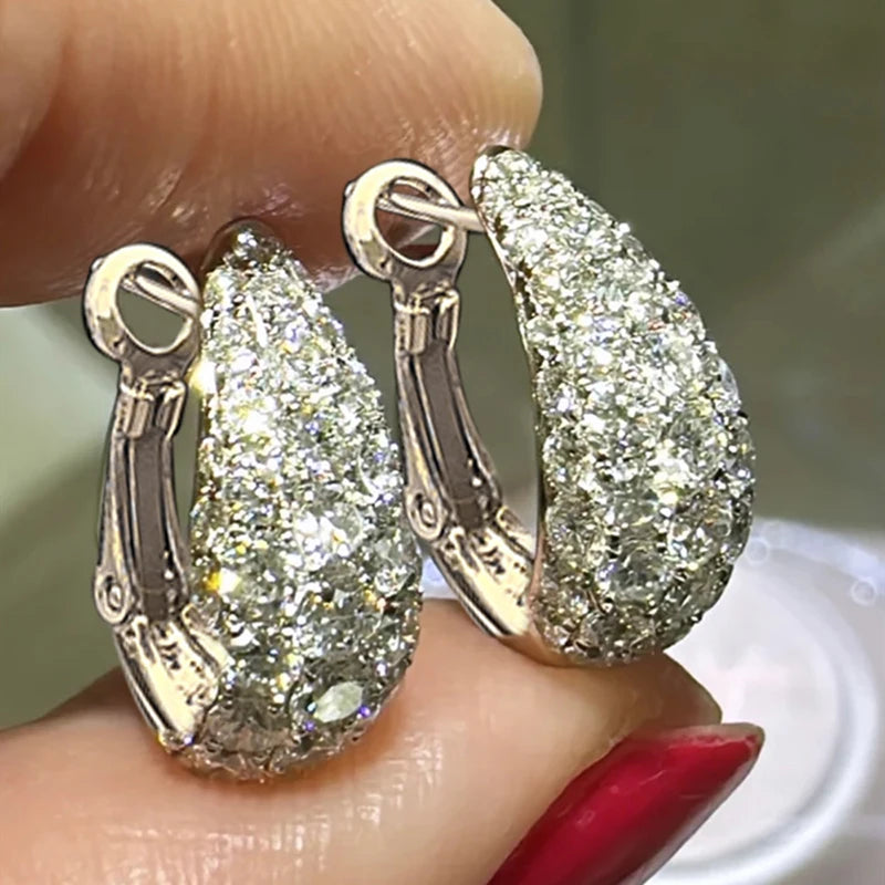 Women’s Hoop Earrings Silver Color Full Bling Bling Round Cubic Zirconia Modern Design Girl Statement Jewelry