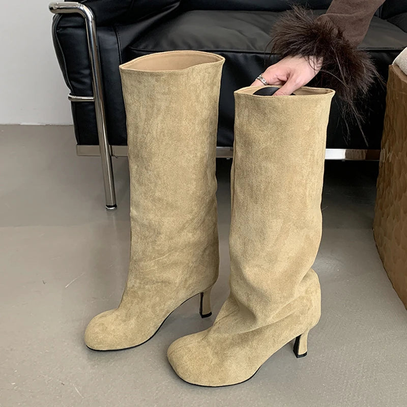 Fashion Square Toe Motorcycle Knee High Boots Women Autumn Winter Low Thin Heels Shoe Long Booties Zapatos De Mujer