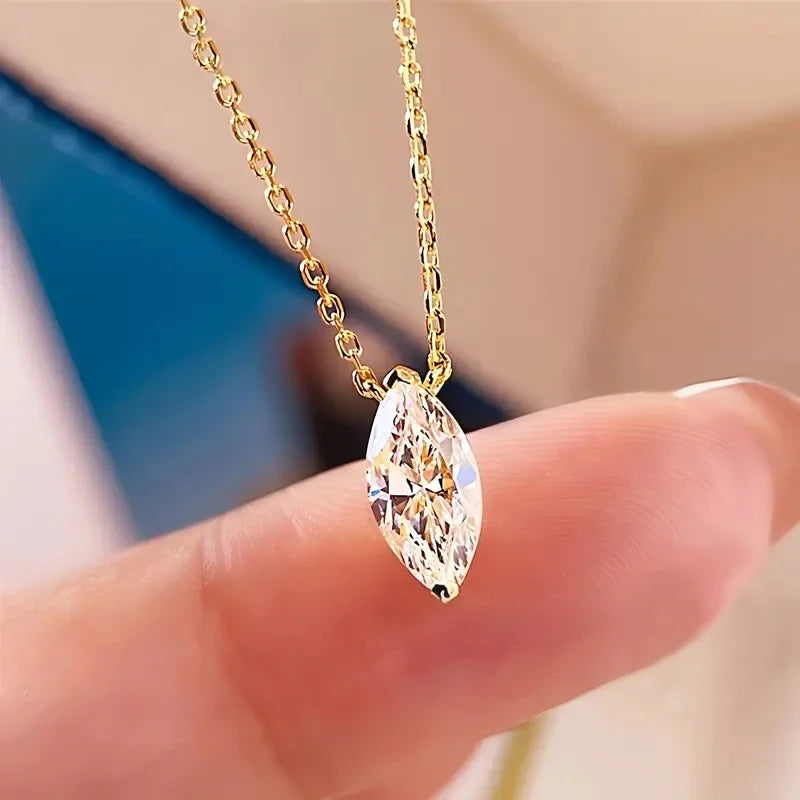 Fresh Marquise Cubic Zirconia Pendant Necklace for Women with Gold Color Chain Simple Stylish Necklace Wedding Jewelry