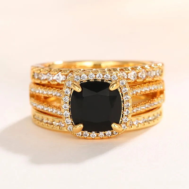 Cushion Black Cubic Zirconia Set Rings Luxury 3Pcs Accessories for Women Modern Design Wedding Fashion Jewelry - EUFASHIONBAGS