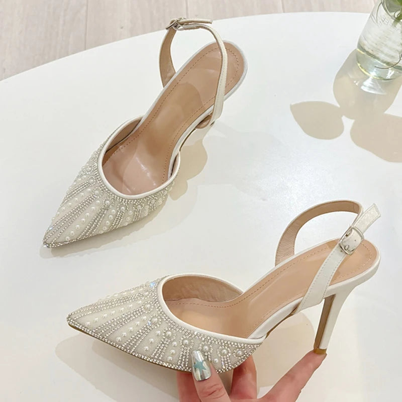 Fashion Design Crystal Pearl Pointed Toe Slingback Heels Wedding Party Shoes Fashion Back Buckle Strap Women Pumps - EUFASHIONBAGS