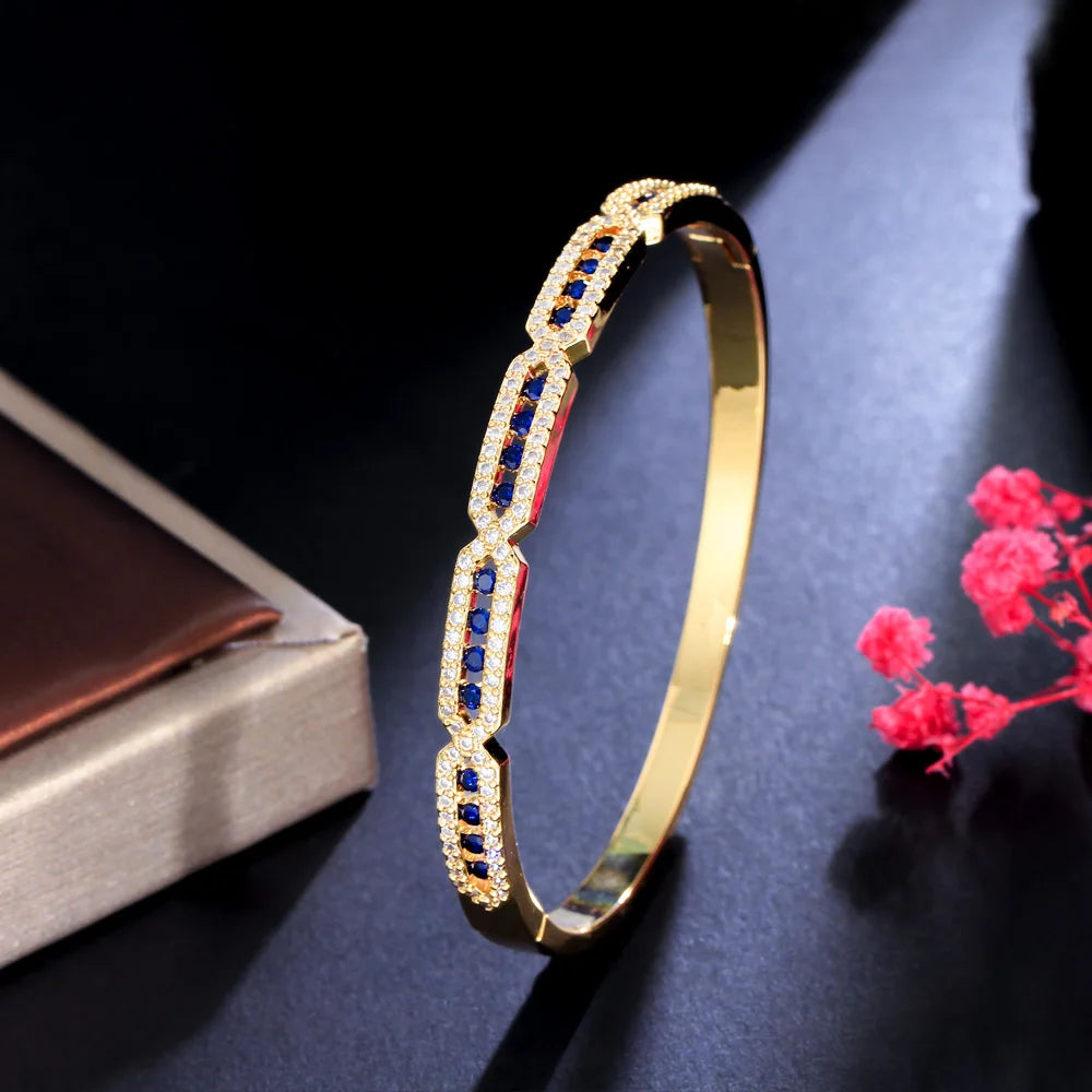 Beautiful Trendy Blue Green Cubic Zirconia Paved Gold Color Round Wedding Bridal CZ Bangles for Women Jewelry - EUFASHIONBAGS