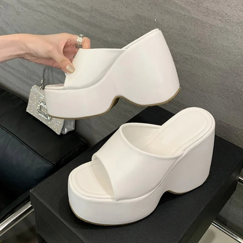 Summer 13CM Super High Heels Wedges Slippers Women Slides Soft Cozy Solid Leather Chunky Platform Shoes Female Sandals - EUFASHIONBAGS