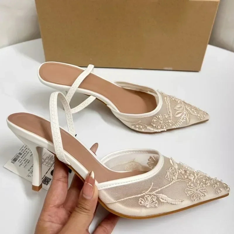 Brand Designer White Women Wedding Pumps Mesh Embroidered Flowers Back Strap Sexy Slingback High Heel Dress Shoes for Ladies