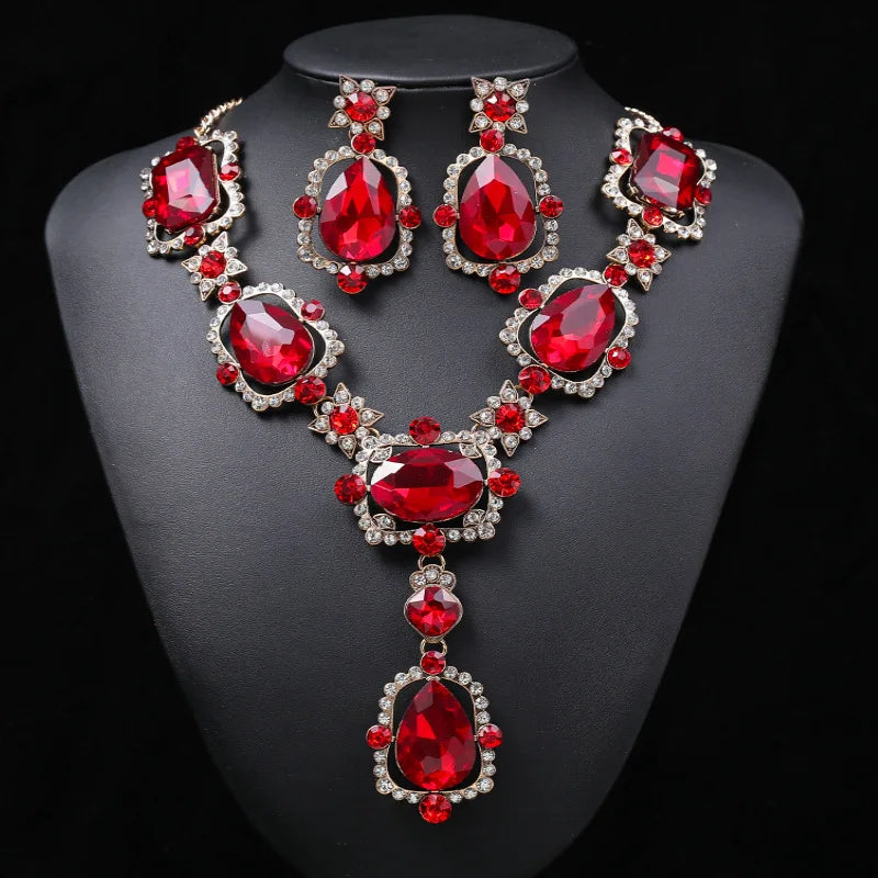 Luxury Big Rhinestone Bridal Jewelry Sets for Women Geometric Crystal Pendant Necklaces Earrings Set Wedding Costume Jewelry Set - EUFASHIONBAGS