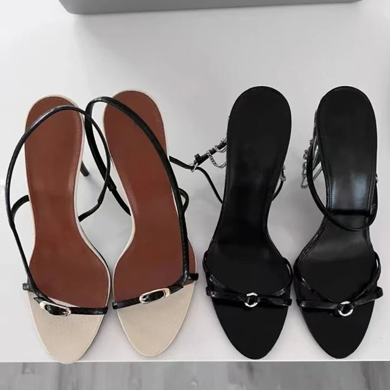 Summer Fashion Buckle Open Toe Slip On Back Strap Sandals Women Black White High Heels Wedding Prom Shoes Zapatos Mujer