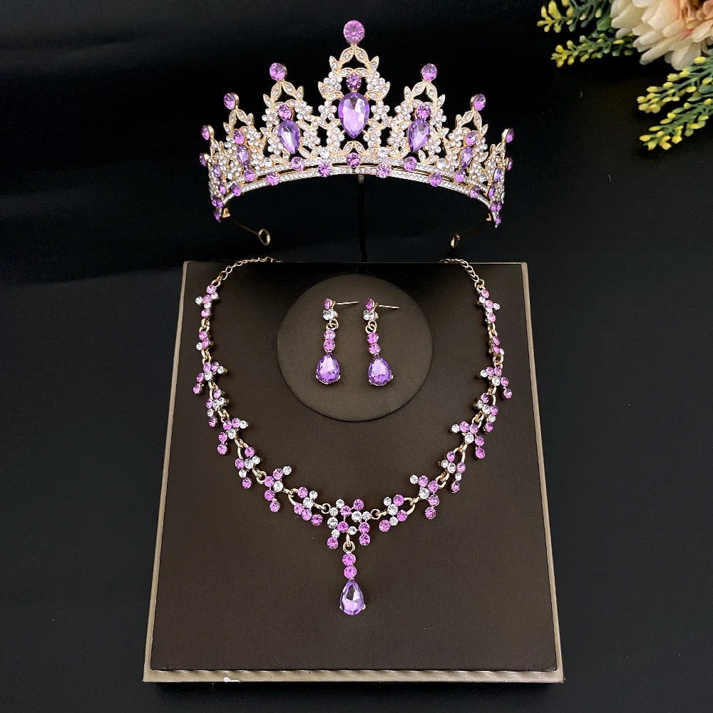 Fashion Crystal Tiaras Crowns Bride Wedding Jewelry Set Rhinestone Crown Necklace Earring For Women Accessories Diadem Headdress - EUFASHIONBAGS