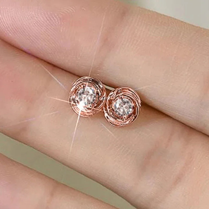 Graceful Shiny Cubic Zirconia Stud Earrings for Women All-matching Rose Gold Color Accessories Noble Engagement Jewelry - EUFASHIONBAGS