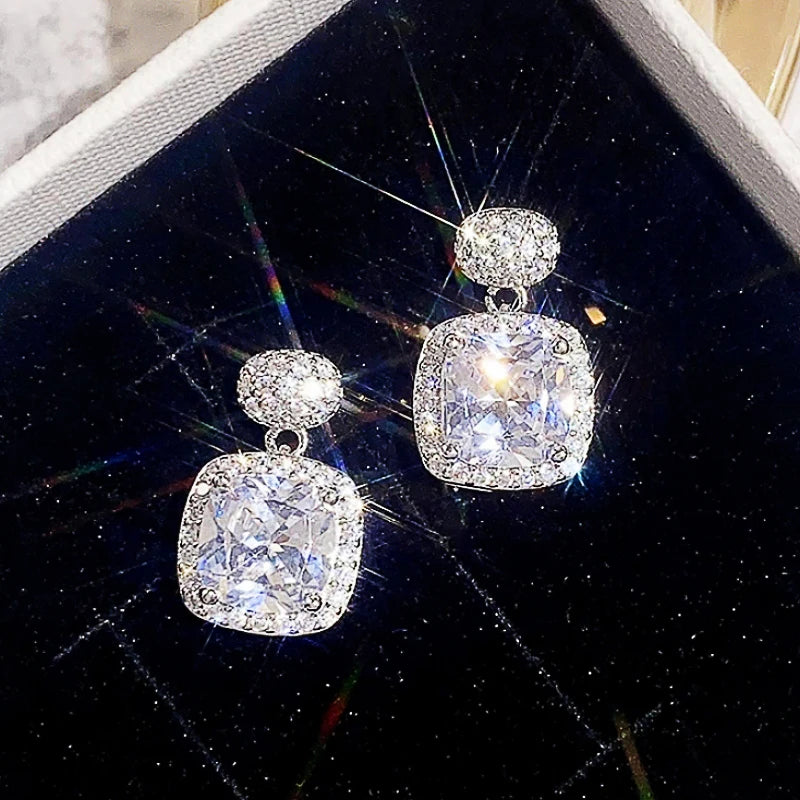 Luxury Silver Color Drop Earrings for Women Bridal Wedding Accessories Shinning Cubic Zirconia Pendant Jewelry - EUFASHIONBAGS