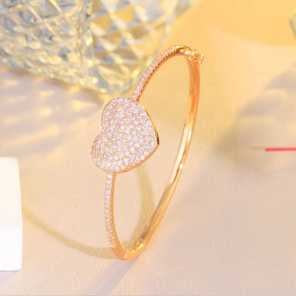 Bling Genuine 5A Cubic Zirconia Pave Popular Romantic Pink Love Heart Charm Women Bangles with Safety Clasp