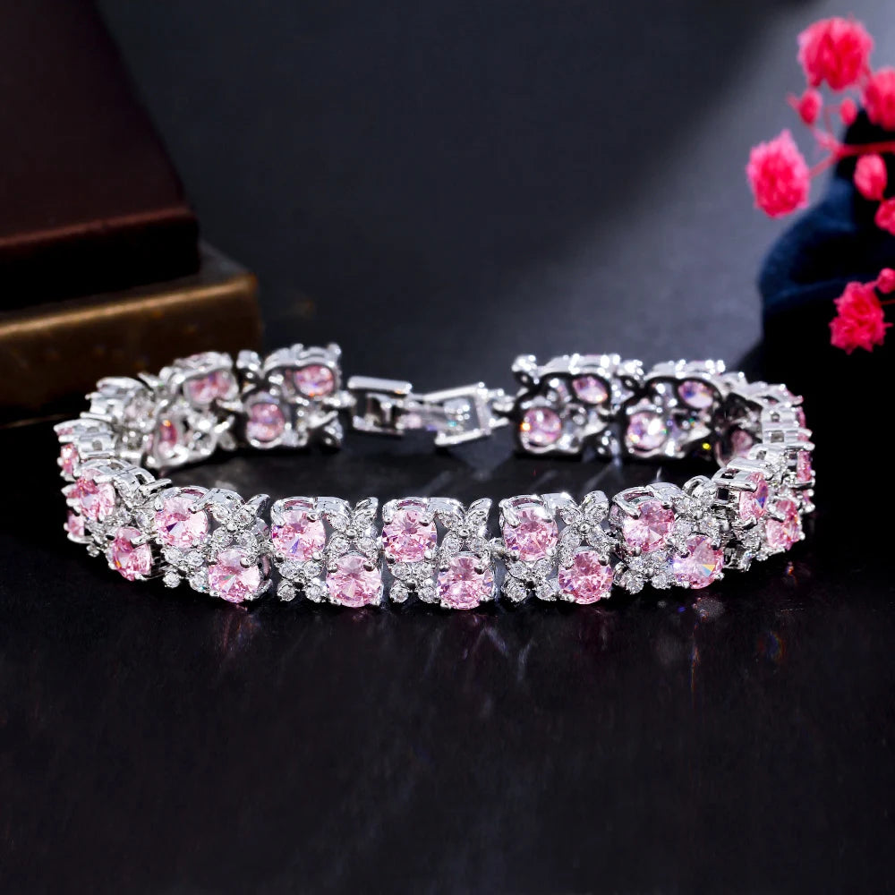 Two Layer Round Cubic Zirconia Elegant Leaf Flower Shape Women Party Evening Wedding CZ Bracelet for Brides