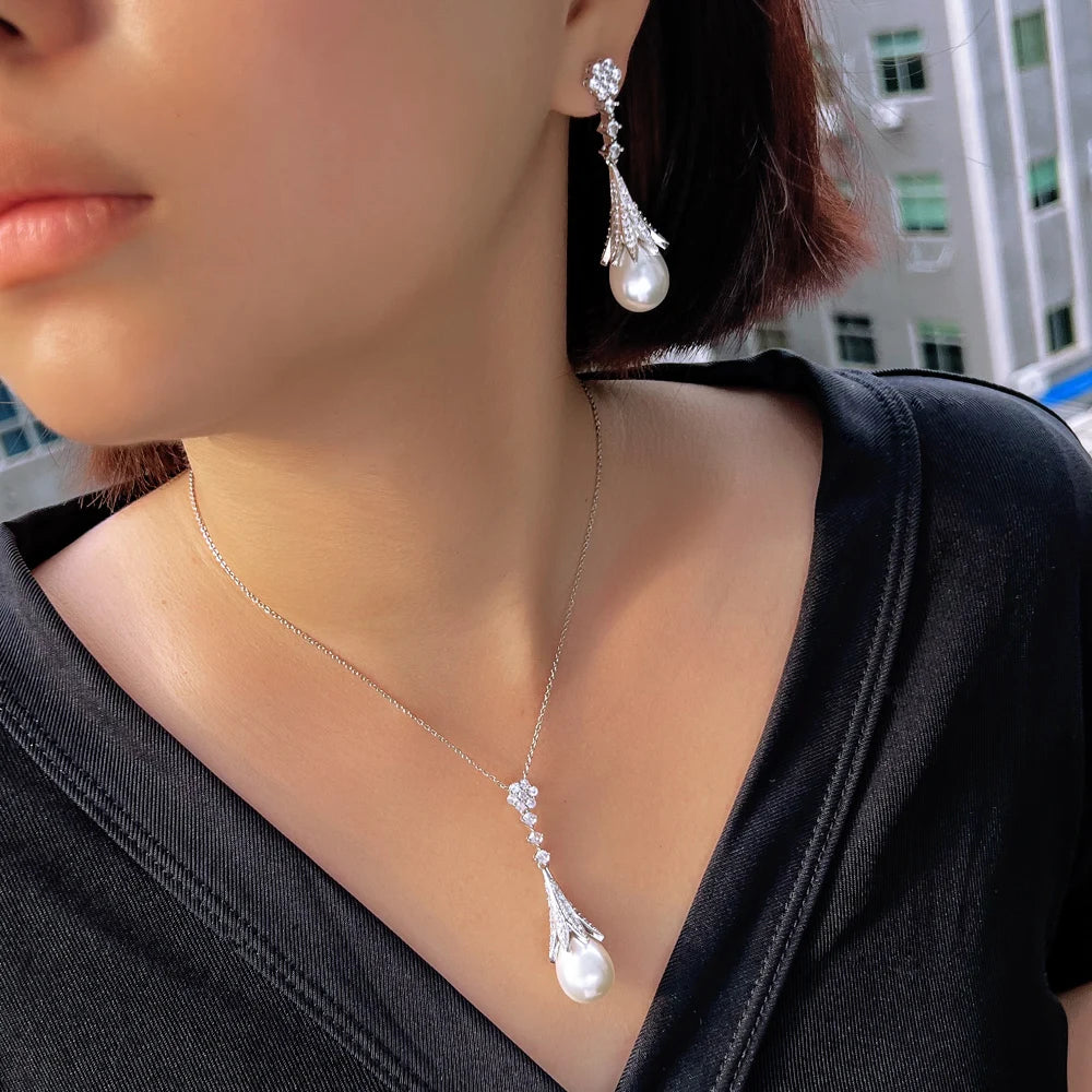 Chic White Cubic Zircon Long Dangle Drop Leaf Pearl Pendant Necklcae and Earrings Women Daily Party Jewelry Set - EUFASHIONBAGS