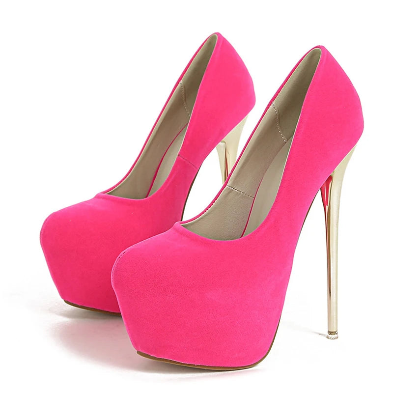 Spring Autumn Sexy Metal Super High Heels Platform Pumps Women Pink Red Round Toe Stiletto Wedding Banquet Shoes Size 45 - EUFASHIONBAGS