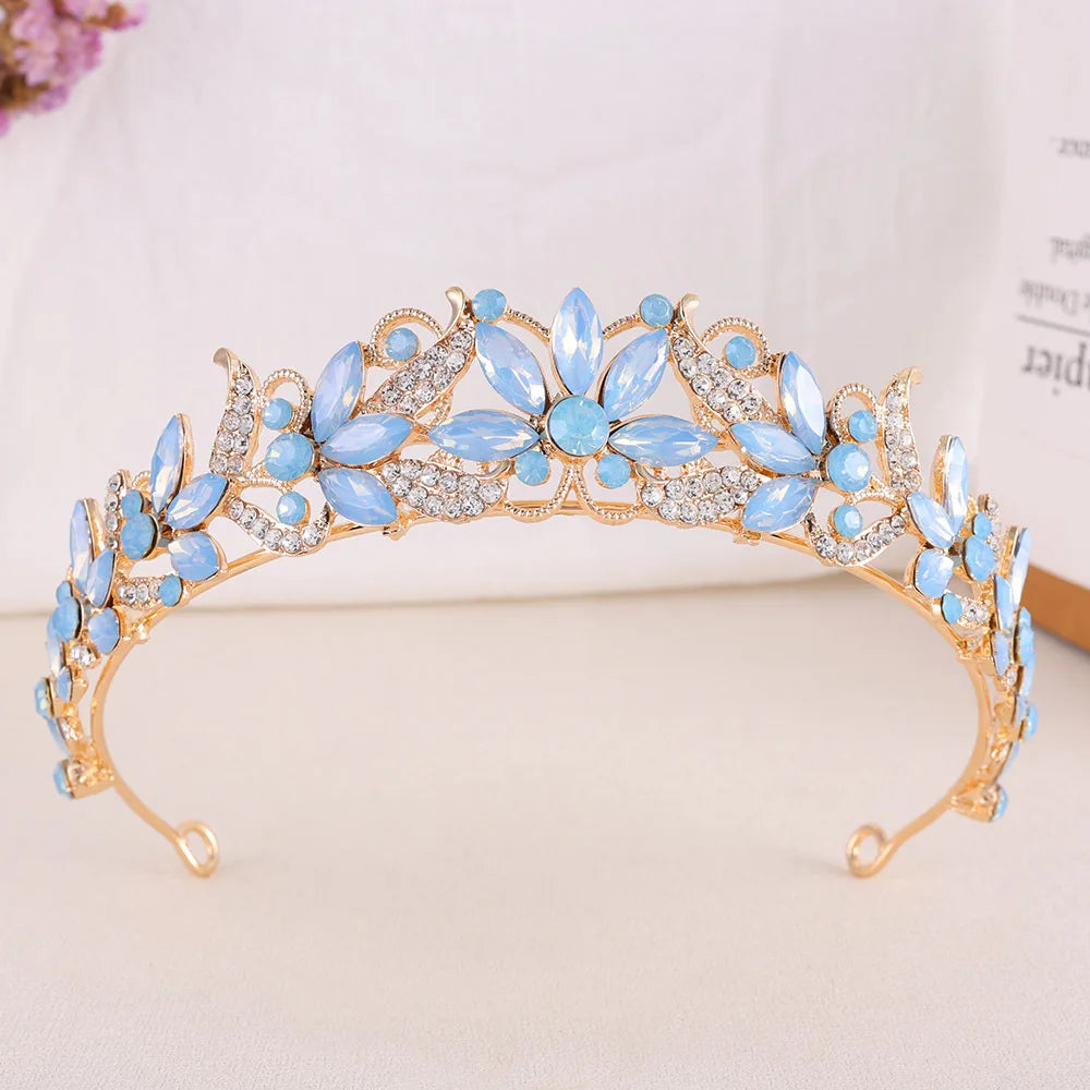 Baroque Opal Leaf Wedding Hair Tiara Crystal Bridal Tiara Crown Silver Color Diadem Veil Tiaras Bride Hair Accessories Headpiece - EUFASHIONBAGS