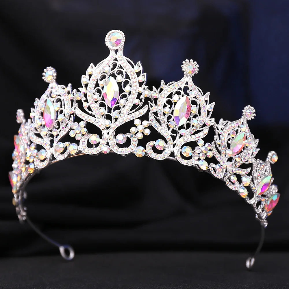 Baroque Luxury Silver AB Color Crystal Bridal Crown Headwear Rhinestone Pageant Diadem Veil Tiara Wedding Hair Dress Accessories - EUFASHIONBAGS