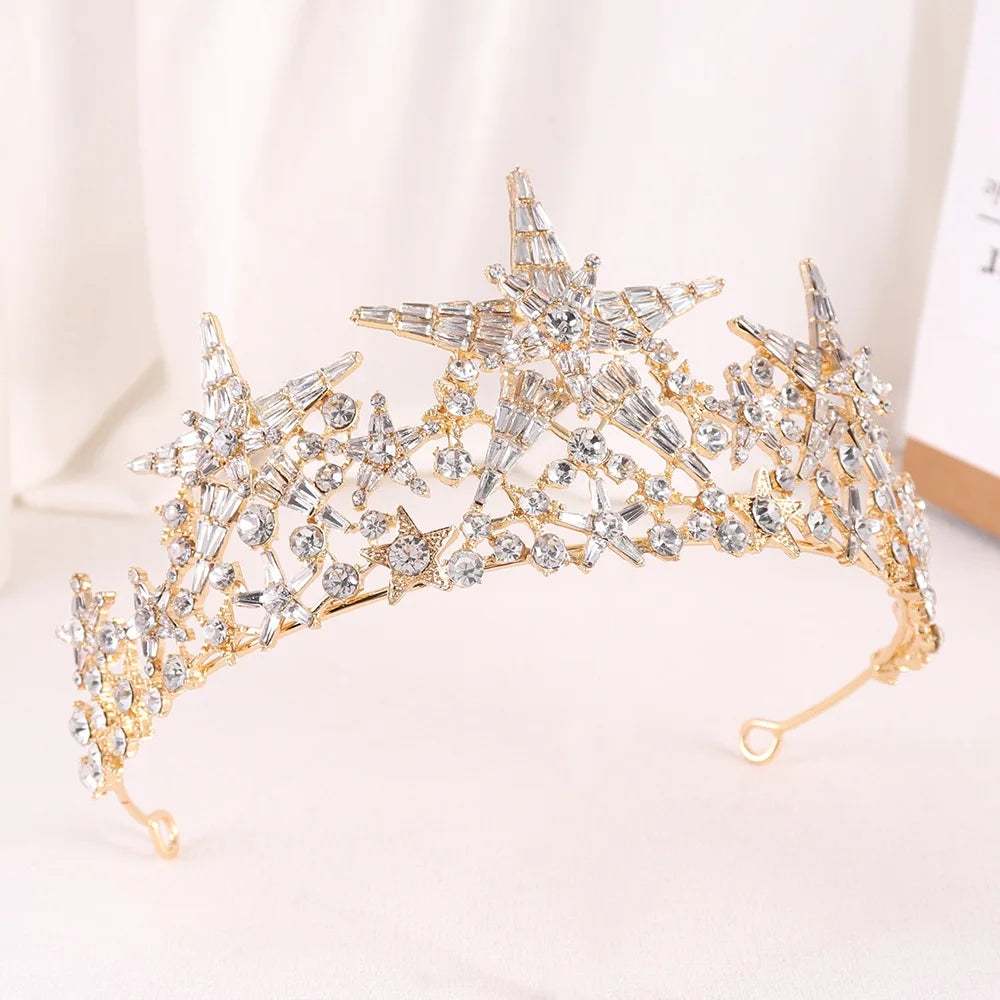 Baroque Star Crown Crystal Bridal Tiaras Rhinestone Pageant Diadem Bride Star Headdress Wedding Hair Accessories Tiara De Noiva - EUFASHIONBAGS