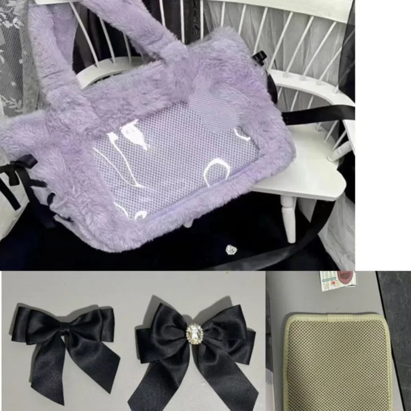 Plush Bow Purple Handbag Purse Women Sweet Japanese Transparent Ita Bag Girls Kawaii Shoulder Crossbody Bag Aesthetic