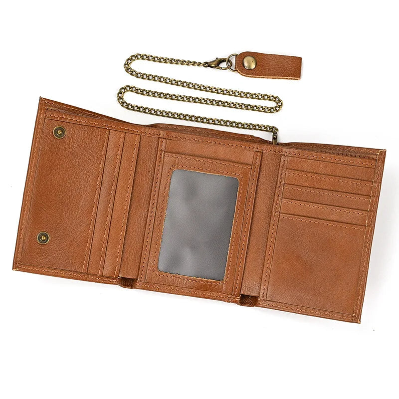 Cowhide Men's Wallet High Quality Vintage Genuine Leather Men Anti Theft Wallets With Chain Trifold Purse Card Holder