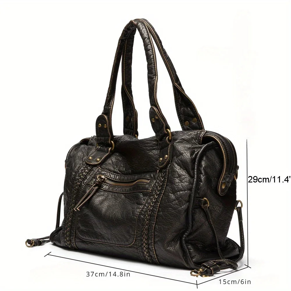 Soft leather retro bag shoulder messenger bag large capacity tote bag Y2K motorcycle bag