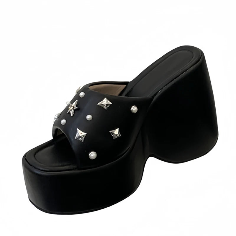 High Quality Cozy Soft Leather Wedges Heels Platform Slipper Women Fashion Metal Rivets Designer Sandal Female Party Shoes