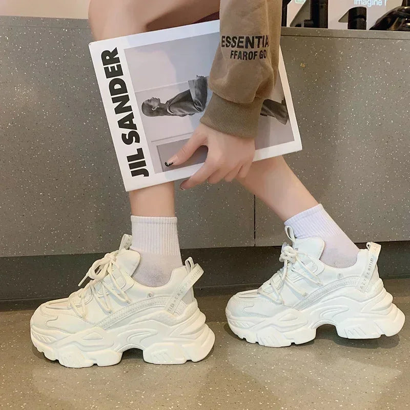 New Platform Women Sneakers Internal Increase Leather Casual White Ladies Shoes Trainer Chunky Vulcanized Shoes Zapatillas Mujer