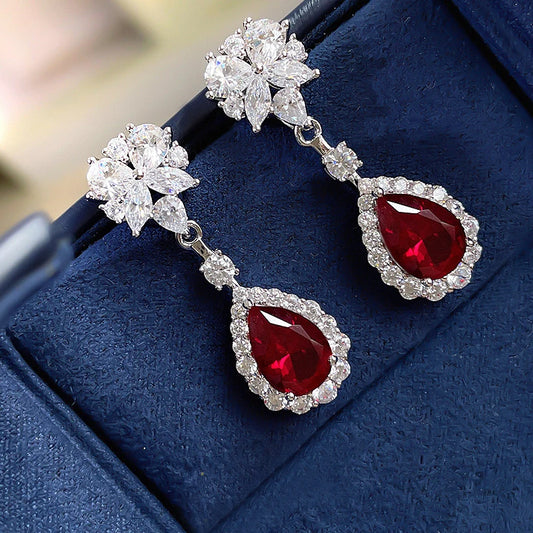 Bright Red CZ Dangle Earrings for Women Aesthetic Flower Design Bridal Wedding Earrings Anniversary Gift Trendy Jewelry - EUFASHIONBAGS