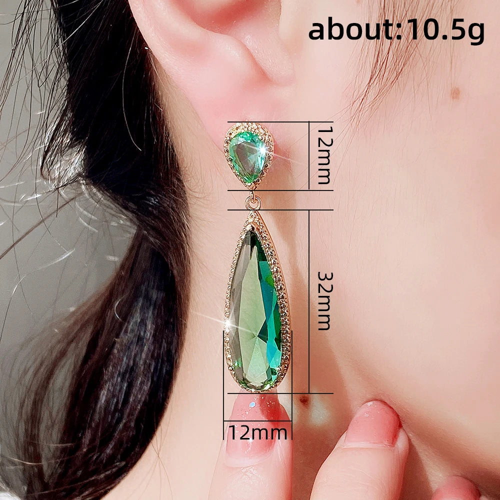 Green/Purple Long Water Drop Shape CZ Earrings for Women Temperament Elegant Lady's Dangle Earrings Wedding Love Jewelry - EUFASHIONBAGS