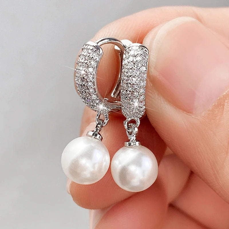 Fashion Bride Simulated Pearl Dangle Earrings Aesthetic Sparkling Cubic Zirconia Earrings Luxury Women Jewelry for Party