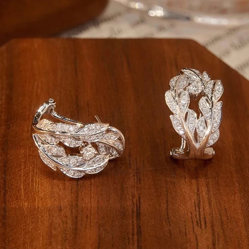 Silver Color Leaf Earrings for Women Full Dazzling Crystal Cubic Zirconia Fashionable Hoop Earrings Wedding Trend Jewelry