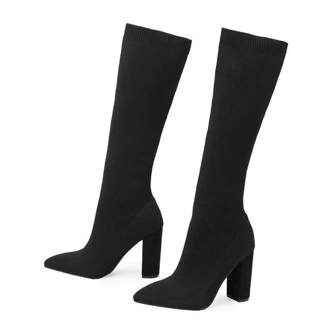 Green Women Cozy Knitting Stretch Fabric Knee High Boots Fashion Square Heels Autumn Winter Sock Long Shoes Booties Female - EUFASHIONBAGS