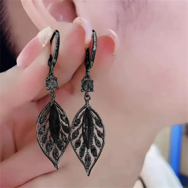 Chic Aesthetic Leaf Pendant Earrings for Women Bright Zirconia Jewelry for Anniversary Fashion Lady Statement Accessories - EUFASHIONBAGS