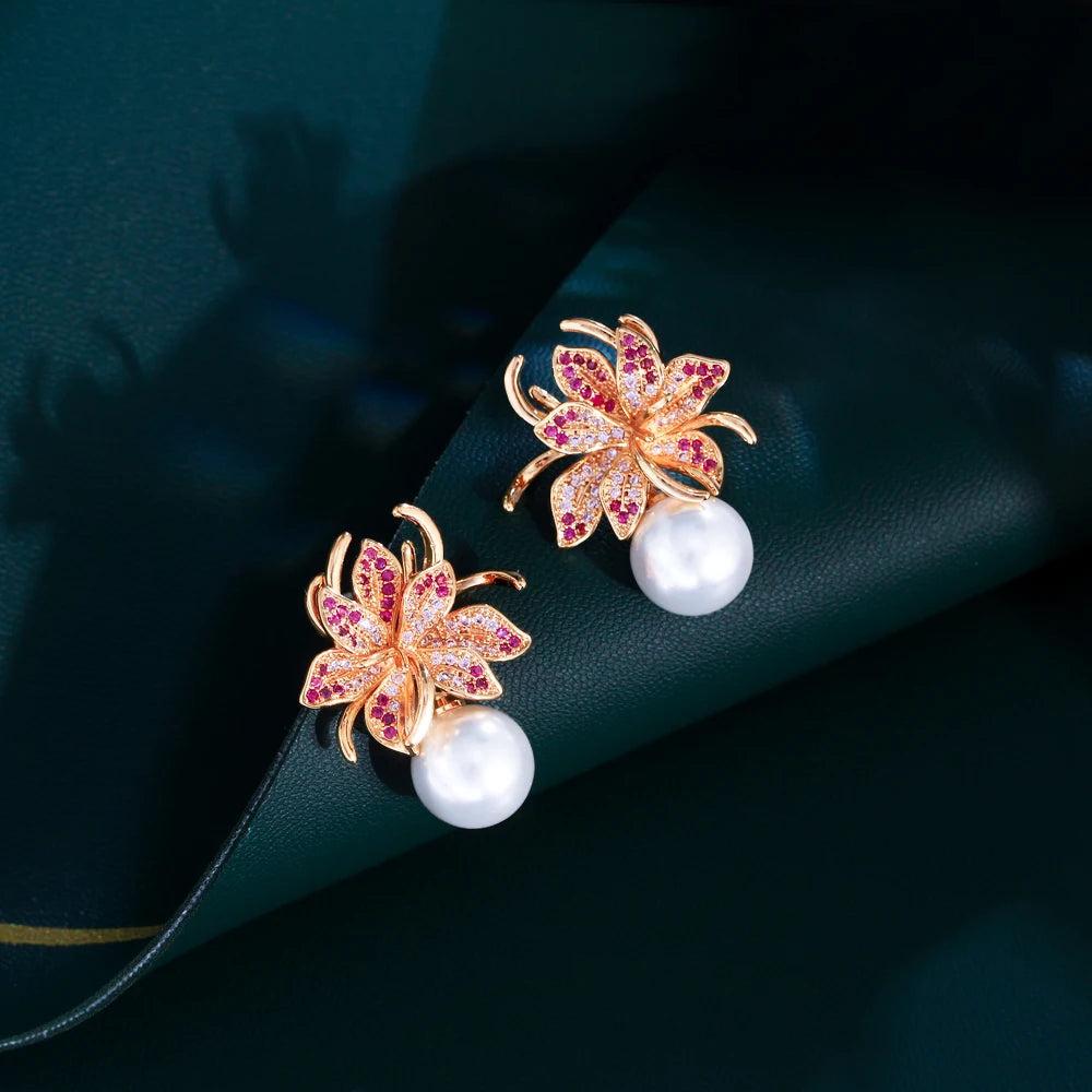 Pretty Pink Red Cubic Zirconia Blooming Flower Dangle Drop Pearl Earrings for Women Festive Jewelry - EUFASHIONBAGS