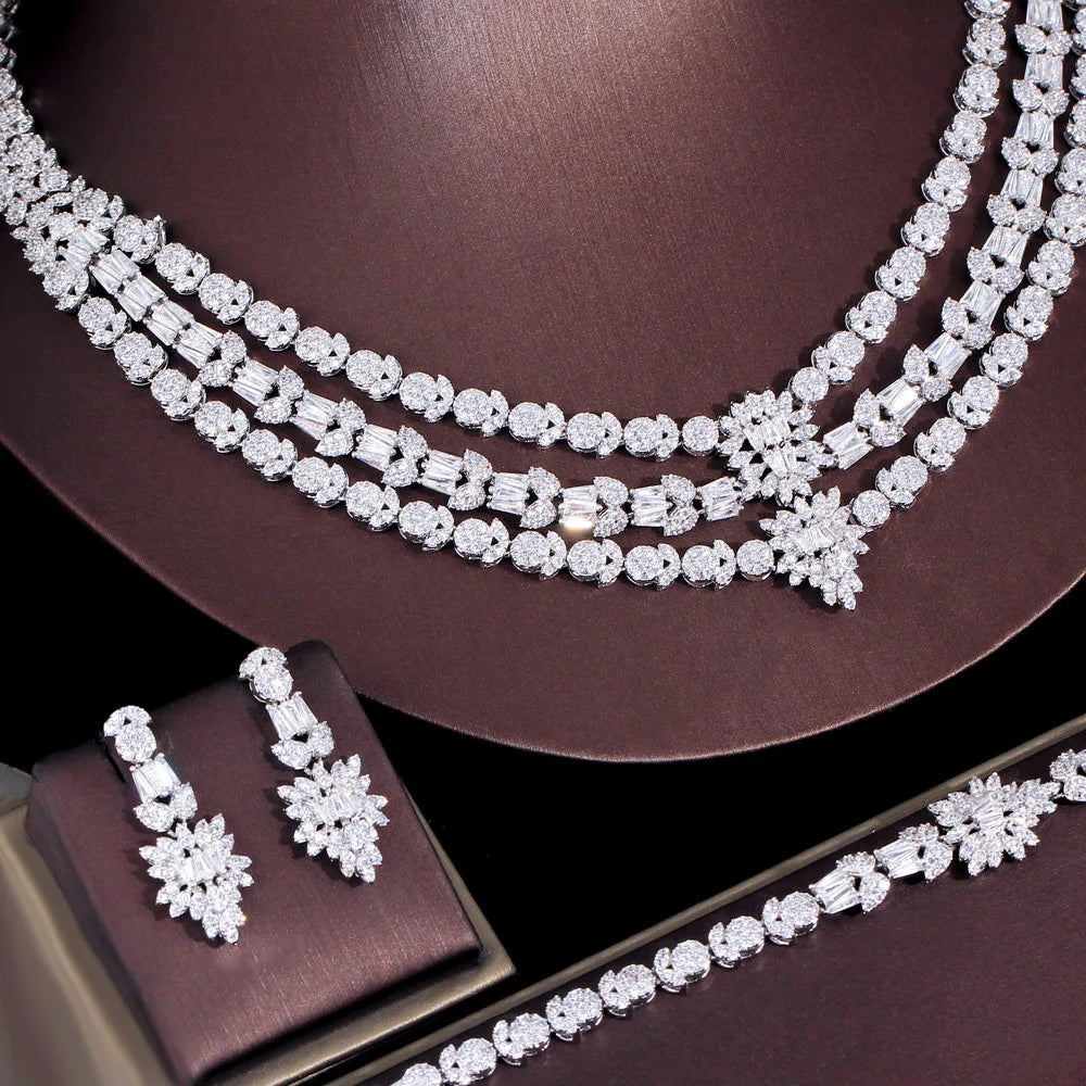 Cubic Zirconia Big Multiple Necklace 4pcs UAE Dubai Women Wedding Jewelry Sets Luxury Bridal Costume Accossories