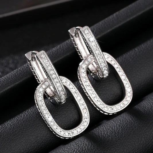 Geometric Oval Double Hoop Drop Earrings Lady Fashion Modern Fashion Jewelry with Bright Zirconia Trendy Accessories Gift