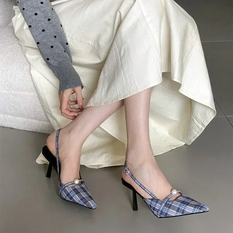 Pointed Toe Retro Plaid High Heels Women Slingbacks Shoes Women Pumps Sexy Office Fashion Dress Shoes Sandalias De Mujer