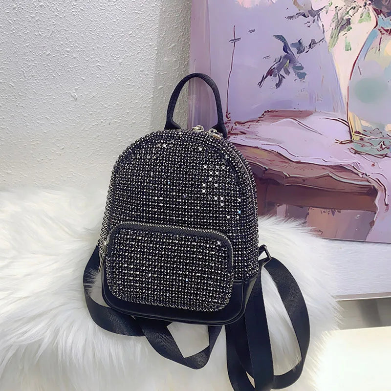 Women's Shiny Diamond Studded Sequined School Bag 2025 New Niche High-end Small Backpack College Students Shoulder Bag - EUFASHIONBAGS